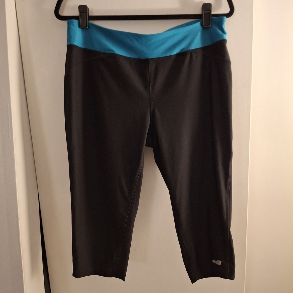 Avia Women's Black Cropped Leggings with Blue Wide Waistband